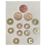 13 antique and vintage brass coins and tokens