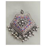 Kuchi silver resin filled pendant with red and