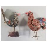 Pair of Tibetan brass peacock and rooster