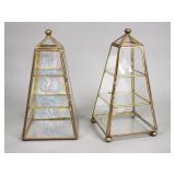 Pair of vintage brass and glass obelisk display