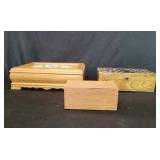 Oak and floral fabric jewelry box and a carved