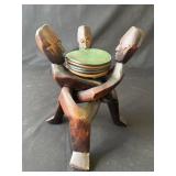 Vintage leather coasters with carved wood stand