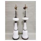 Pair of vintage milk glass and brass table lamps