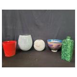 Two signed ceramic vases, signed pottery bowl,