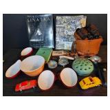 Vintage items; Pyrex, binoculars, Die-Cast cars,