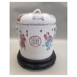 Vintage Chinese porcelain tea caddy with wood