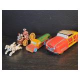1940s Wyandotte tin car, cast iron firetruck,