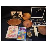 Vintage misc items, Dior buckle, carved wood bowls
