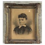 Antique charcoal portrait photo print of a woman