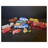 7 vintage die-cast fire trucks, 3 plastic trucks,