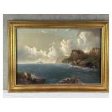Signed antique pastel on paper coastal landscape