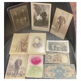 Group of antique photos,postcards and currency