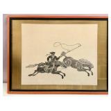 Framed vintage Chinese woodblock print
