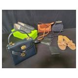Group of leather and fabric handbags, wallets,