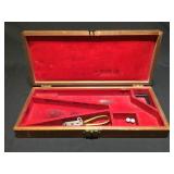 Vintage wood pistol box & Italian cast tool