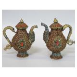 Pair of vintage Tibetan style miniature ewers