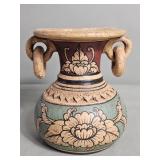 Ceramic vase with floral designs and loop handles