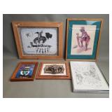 5 Navajo print, lithograph, oil, sand art, and