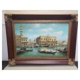 Vintage signed oil Italy canal scene on canvas