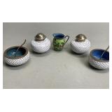 5 cloisonné enamel salt cellar, salt and pepper
