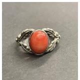 Vintage signed coral and sterling silver ring