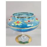 Vintage blue Bohemian glass jar adorned with red
