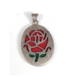 Sterling silver pendant with enamel inlay rose