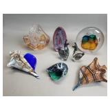 Art glass seashells, paperweights, llamas