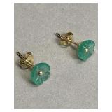 18k gold and green carved flower earrings