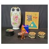 Group of wood trinket boxes, acrylic cube,