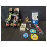 Vintage marbles, watches, roller skates, buttons