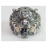 Sterling silver roaring tiger head ring.