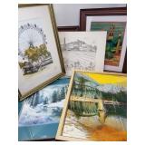Group of lithographs and folk art, straw mosaic
