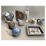 Pottery and ceramic pitcher, figurines, mugs,