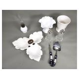 Vintage milk glass oil lamp, glass salt and