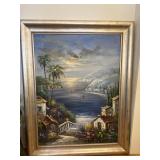 Mediterranean villa near water art. Oil on canvas