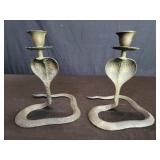 Vintage brass cobra candlesticks with engraved