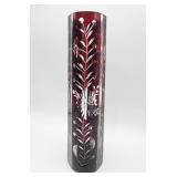 Vintage Bohemian cranberry cut to clear glass vase
