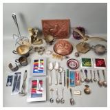 Box of brass, silver plate and copper items