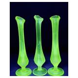3 vintage uranium Green Glass single stem vases