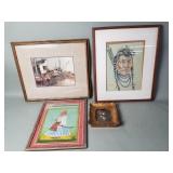 Group of 4 paintings, oil, pastel, watercolor
