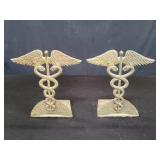 Pair of vintage caduceus medical symbol brass