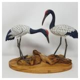 Red crowned crane pair wood carved sculpture