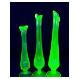 3 vintage uranium glass green single stem vases