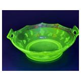 Vintage etched uranium glass glowing green bowl
