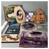 Box of prints, watercolor, carved wood, etc