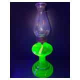 Antique uranium glass hurricane oil lamp