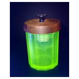 Depression glass uranium humidor with wood lid