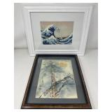 Pair of Asian lithographs and watercolor
