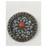 Vintage 950 silver brooch with turquoise and coral